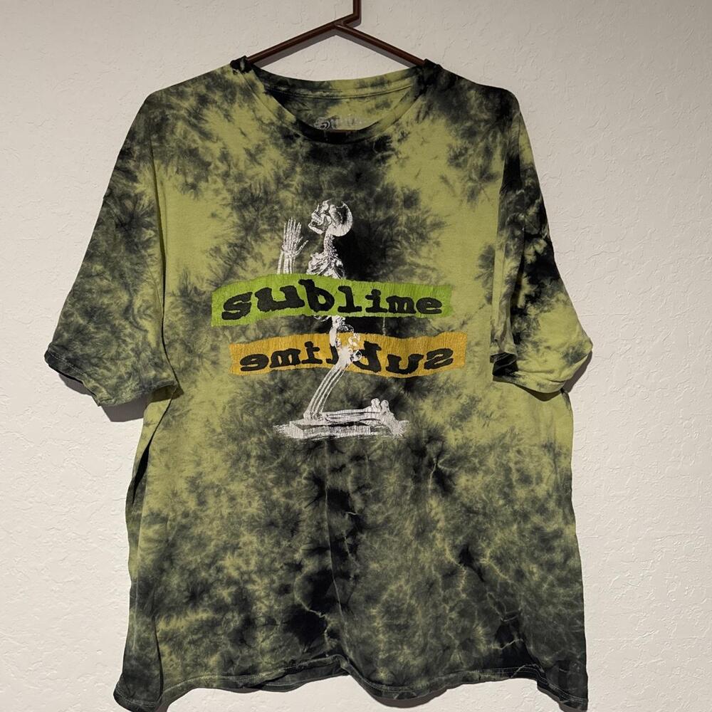Sublime band tee with green and black tie-dye and skeleton graphic